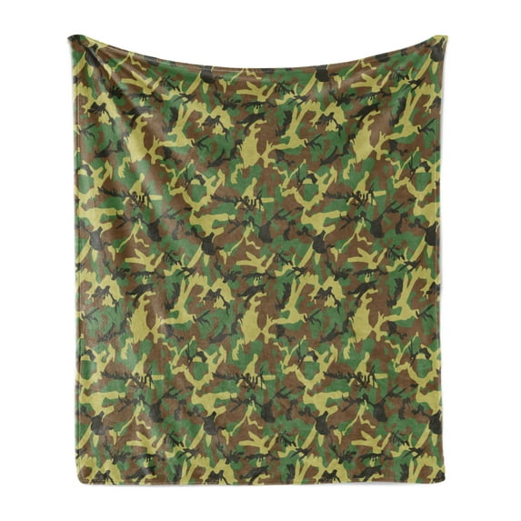 Camo Soft Flannel Fleece Throw Blanket, Woodland Camouflage Pattern Abstract Concealment Hiding in Jungle, Cozy Plush for Indoor and Outdoor Use, 60" x 80", Green Brown Dark Green, by Ambesonne