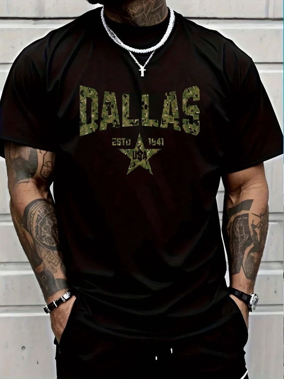 Camo Souvenir USA Star Dallas Texas Printed T-Shirt, Short-Sleeved Crew Neck Casual Top, Suitable For All Seasons, Men's Wear