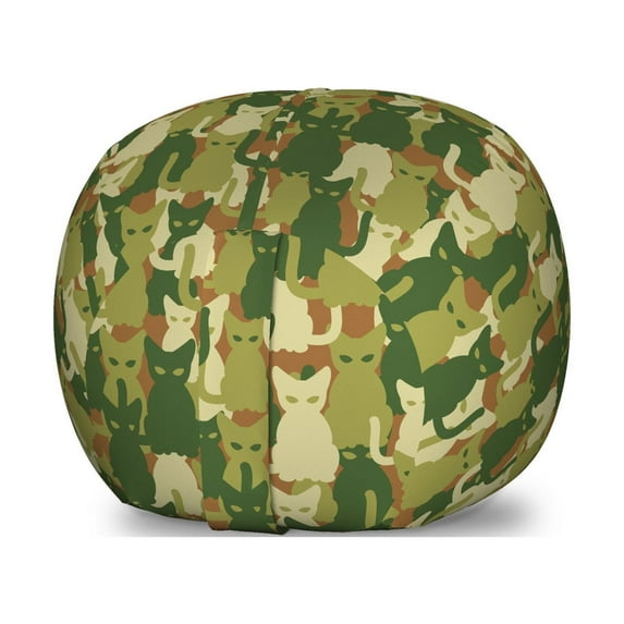 Camo Storage Toy Bag Chair, Kitten Silhouette Protective Cat Theme in Jungle Colors Animal Silhouettes, Stuffed Animal Organizer Washable Bag, Large Size, Green Dark Green Cream, by Ambesonne