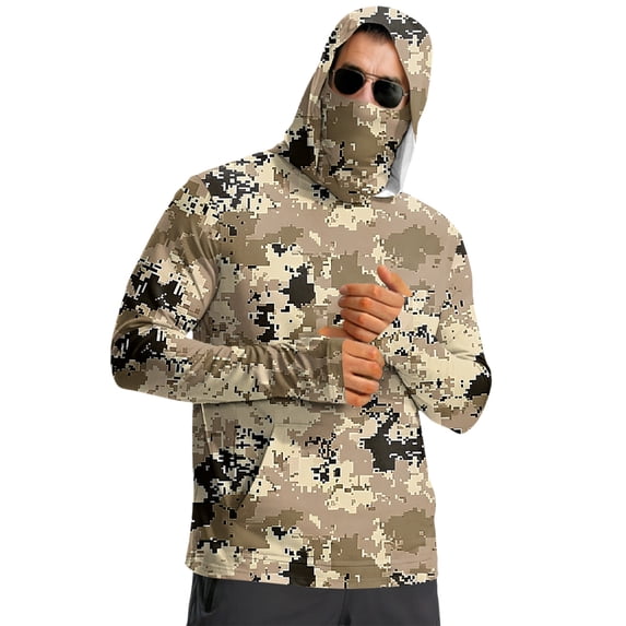 Camo Sun Protection Camo Shirts for Men Upf 50+ UV Rash Guard Sun Shirts with Mask Long Sleeve Hoodies Lightweight Sun Protection Blouses,Beige 3XL