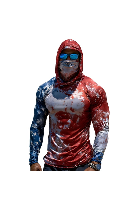 Camo Sun Protection Hooded Shirts for Men, Breathable Compression Long Sleeve Fishing Tops with Mask for Running and Outdoor Work