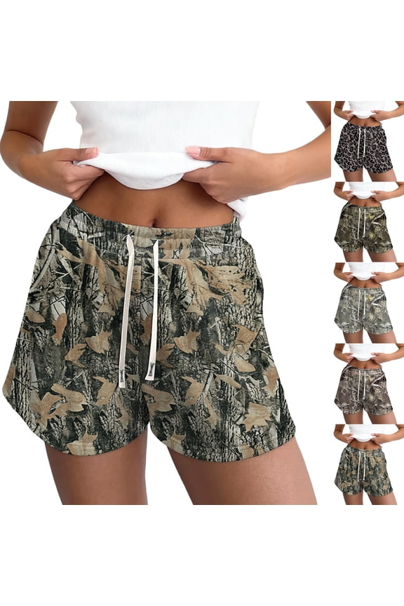Camo Sweat Shorts for Women Maple Leaf Camouflage Drawstring Elastic High Waist Camo Shorts with Pockets Camo Boxer Workout Casual Y2k Short Pants Camouflage Sweatpant Shorts,Green M