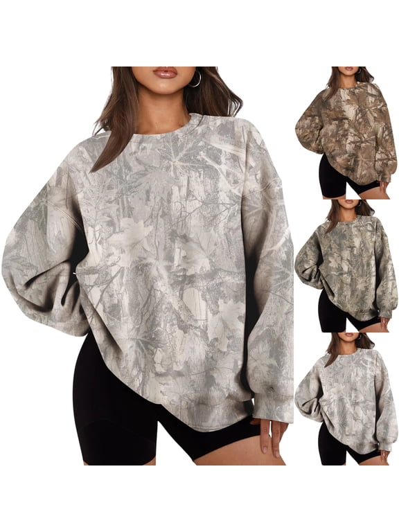 Camo Sweatshirt for Women Mens Oversized Camouflage Maple Leaf Crewnecks Pullover Tops Hunting Hoodies M