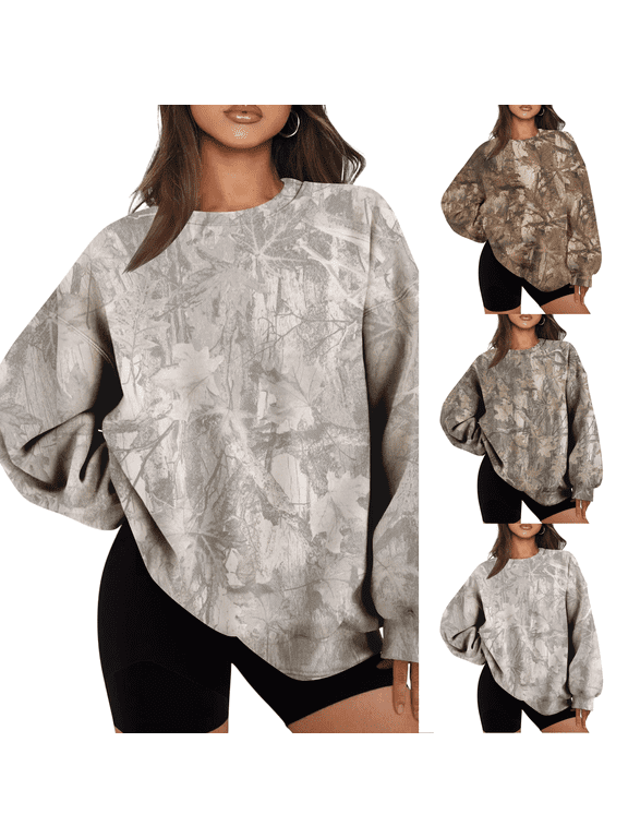 Camo Sweatshirt for Women Mens Oversized Fleece Camouflage Maple Leaf Crewnecks Pullover Tops Hunting Hoodies