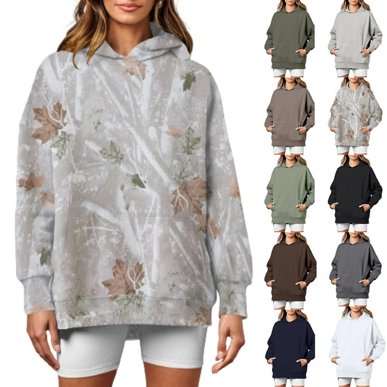 Camo Sweatshirts for Women Maple-Leaf Print Fleece Hoodies Long