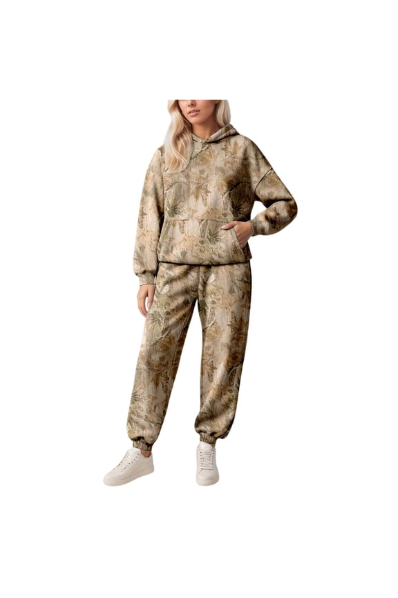 Camo Sweatsuits for Women 2 Piece Maple Leaf Print Oversized Sweatshirt and Pants Sets Fall Winter Casual Workout Tracksuits