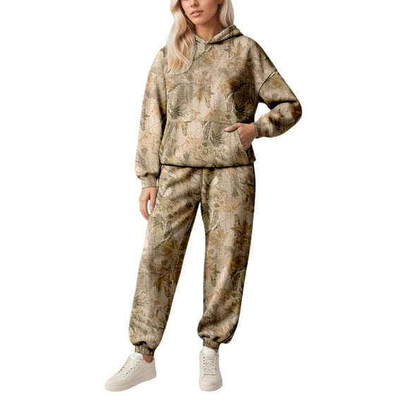 Camo Sweatsuits for Women 2 Piece Maple Leaf Print Oversized Sweatshirt and Pants Sets Fall Winter Casual Workout Tracksuits