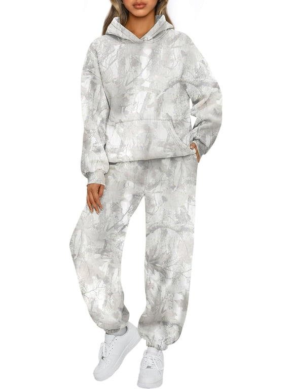 Camo Sweatsuits for Women 2 Piece Outfits Maple Leaf Print Hoodie Sweat Sets Pants Camouflage Tracksuits Lounge sets-Medium-Grey White