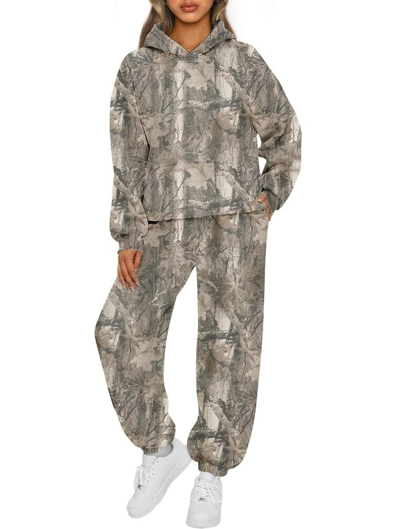 Camo Sweatsuits for Women 2 Piece Outfits Maple Leaf Print Hoodie Sweat Sets Pants Camouflage Tracksuits Lounge sets-Small-Khaki Green