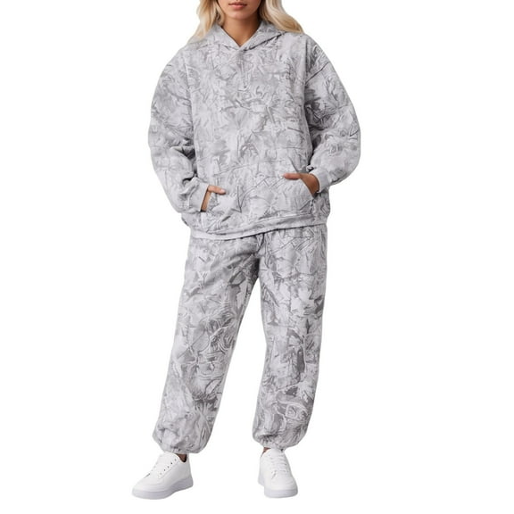 Camo Sweatsuits for Women Set 2 Piece Camo Hoodies Maple Leaf Print Oversized Sweatshirt Lounge Sets Fall Outfits White L