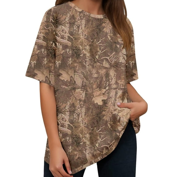 Camo T Shirt for Women Mens Maple Leaf Print Camouflage Crewneck Tees Summer Short Sleeve Oversized Y2k Streetwear Tops