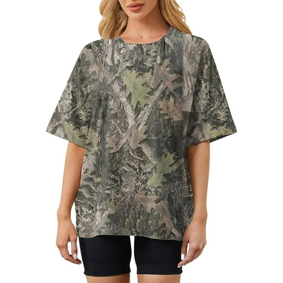Camo T Shirt for Women Mens Maple Leaf Print Camouflage Crewneck Tees Summer Short Sleeve Oversized Y2k Streetwear Tops