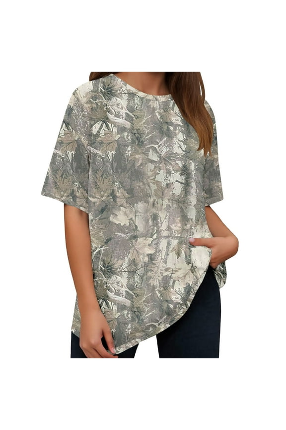Camo T Shirt for Women Mens Maple Leaf Print Camouflage Crewneck Tees Summer Short Sleeve Oversized Y2k Streetwear Tops