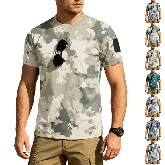 Camo Tactical Shirt Mens Crew Neck Quick Dry Performance Short Sleeve Tactical Shirts Pique Jersey Golf Shirt Army Green S