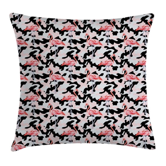 Camo Throw Pillow Cushion Cover, Watercolor Pink Flamingo Print on Camouflage Background Trendy Nature, Decorative Square Accent Pillow Case, 16 X 16 Inches, Dark Coral Light Pink Black, by Ambesonne