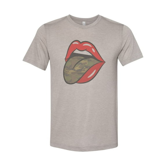 "Camo Tongue, Lips And Tongue, Sublimation T, Unisex, Vintage Shirt, Gift For Her, Camo Shirt, Camo Lover, Tongue Shirt, Tongue Design, Bella, Heather Stone, XL"