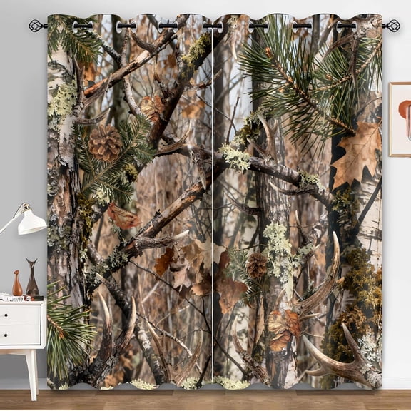 Camo Tree Blackout Curtains,Forest Camouflage Hunting Wildlife Window Drapes,Rustic Antlers Darkening Window Treatments For Bedroom Living Room-38"W x 54"L (Pack of 2)