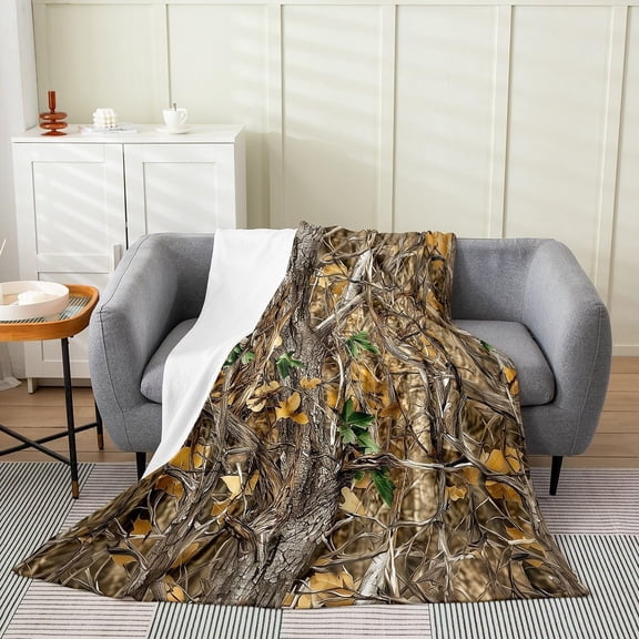 Camo Tree Fleece Throw Blanket Camouflage Flannel Blanket Plush Fuzzy Tree Branches for Bed Couch Chair Living Room Military Style Twin Bedroom Decor 30" x 40"