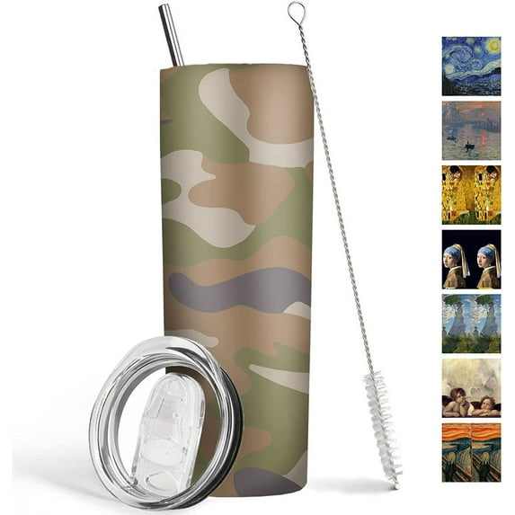 Camo Tumbler 20 oz Travel Coffee Mug Camouflage Print Skinny Tumblers with Lid and Straw Stainless Steel Insulated Coffee Cups Gift for Camo Lover