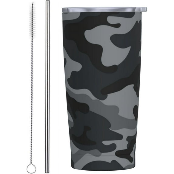 Camo Tumbler 20oz Grey Stainless Steel Insulated Tumblers with Lid and Straw Travel Coffee Mug Tea Wine Cups Water Bottle Gifts for Women