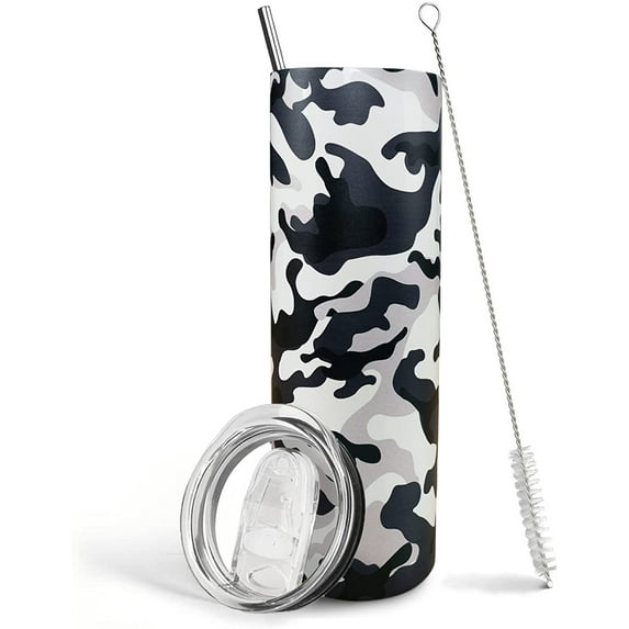 Camo Tumbler, Camo Print Skinny Tumbler with Lid and Straw, Camoflage Print Coffee Mug, 20 oz Simple Modern Travel Mug Cups Black Grey Camo Decor Gifts for Birthday Christmas