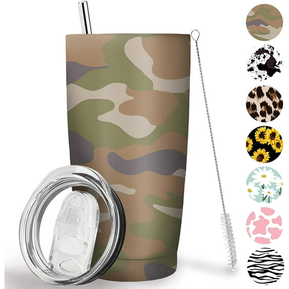 Camo Tumbler with Lid and Straw 20 oz Travel Camo Print Cup Stainless Steel Vacuum Insulated Coffee Mug Gift for Women and Men
