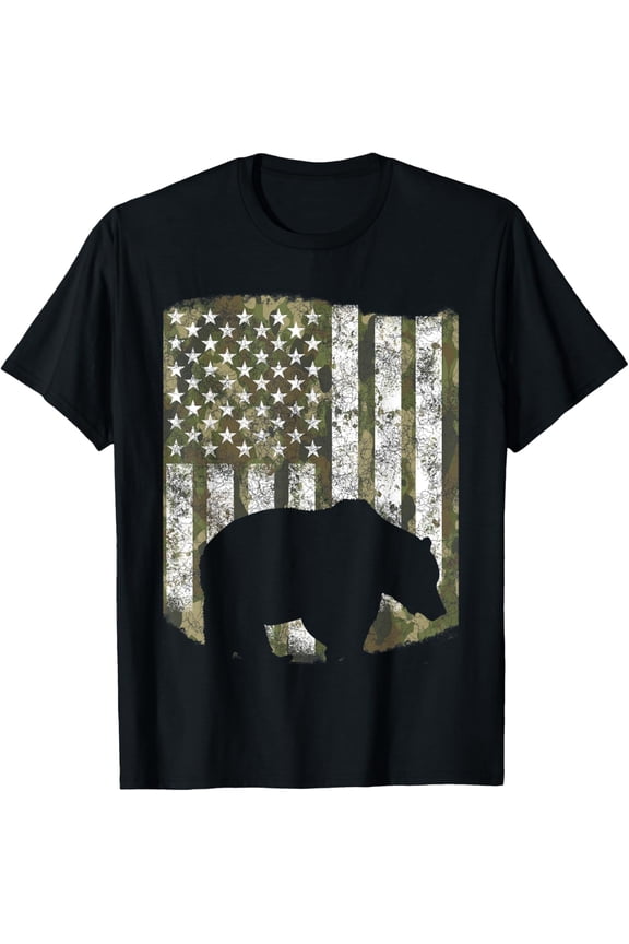 Camo US Flag Bear Grizzly Camoflage Hunting Hunter Dad Gift T-Shirt