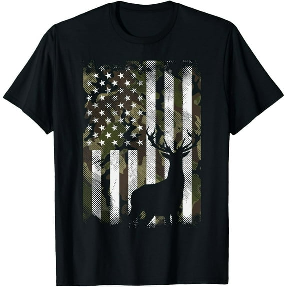 Camo US Flag Deer Elk Buck Camoflage Hunting Hunter Dad Gift Short Sleeve T-Shirt