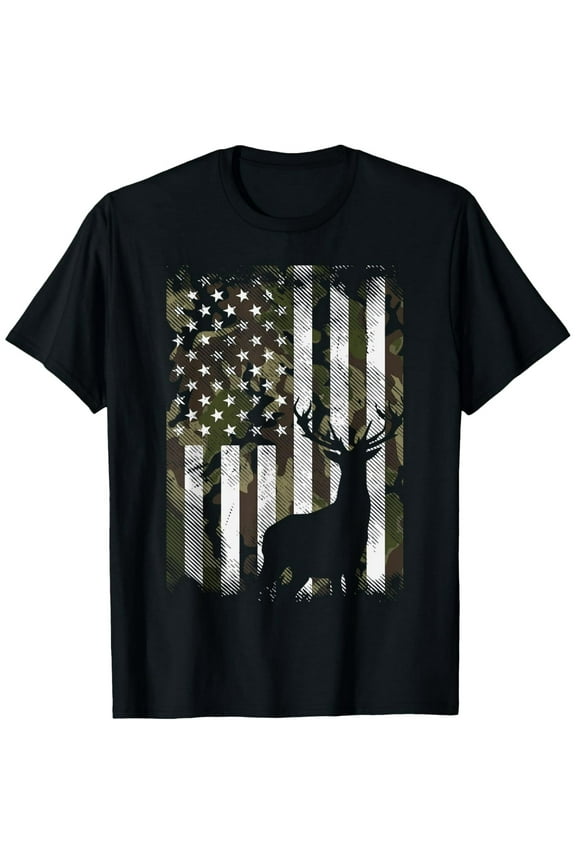 Camo US Flag Deer Elk Buck Camoflage Hunting Hunter Dad Gift Short Sleeve T-Shirt