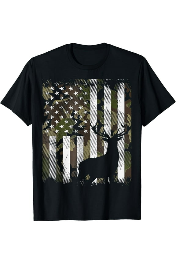 Camo US Flag Deer Elk Buck Camoflage Hunting Hunter Dad Gift T-ShirtMen and women, Black T-shirt, size: Extra large