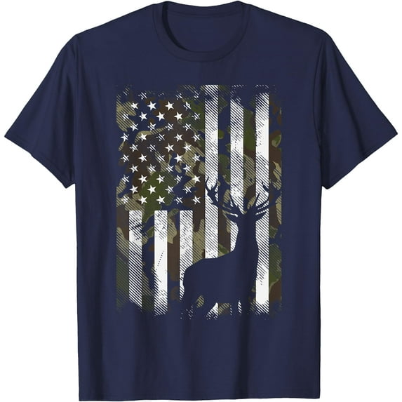 Camo US Flag Deer Elk Buck Camoflage Hunting Hunter Gift Softstyle Unisex T-Shirt,Navy Color,Size XL
