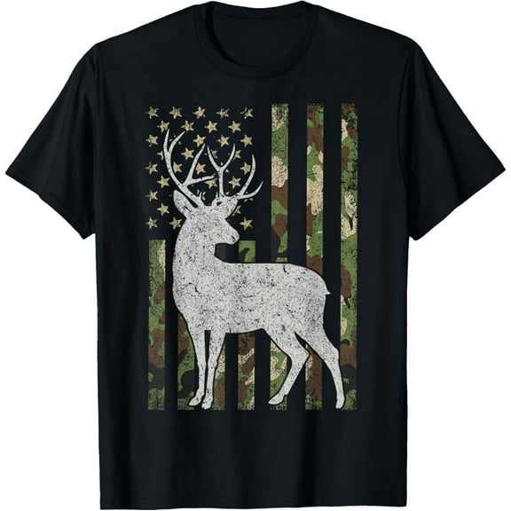 Camo USA Flag Deer Elk Buck Camoflage Hunting Hunter Gift T-ShirtMen and women, Black T-shirt, size: Extra large
