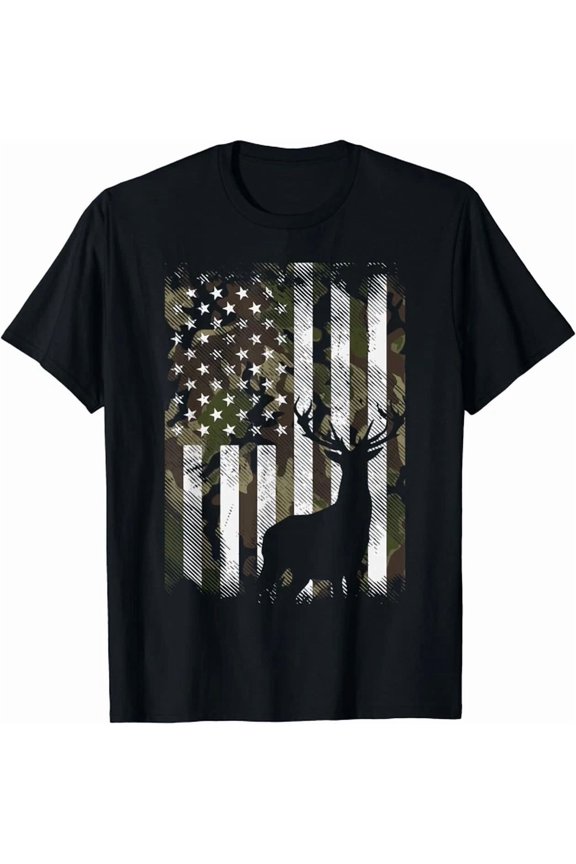 Camo Us Flag Deer Elk Buck Camoflage Hunting Hunter Dad Gift Unisex T-Shirt