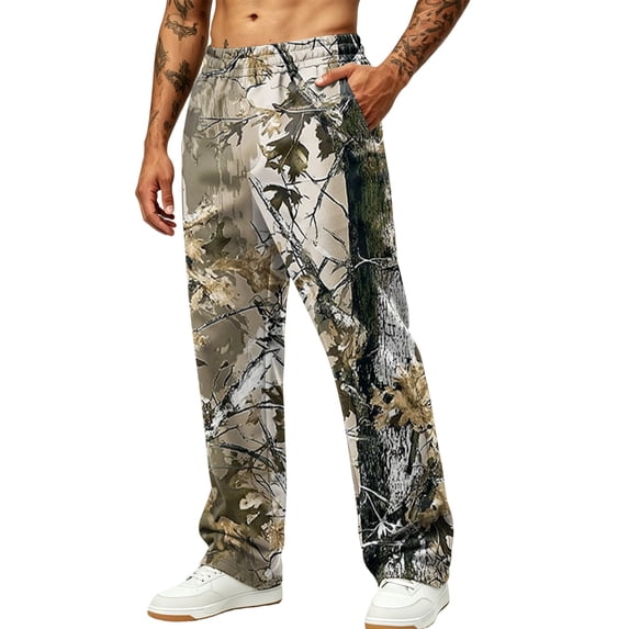Camo Wide Leg Sweatpants for Men Loose Streetwear Jogger Pants with Hand Pockets for Outdoor Hunting Brown M