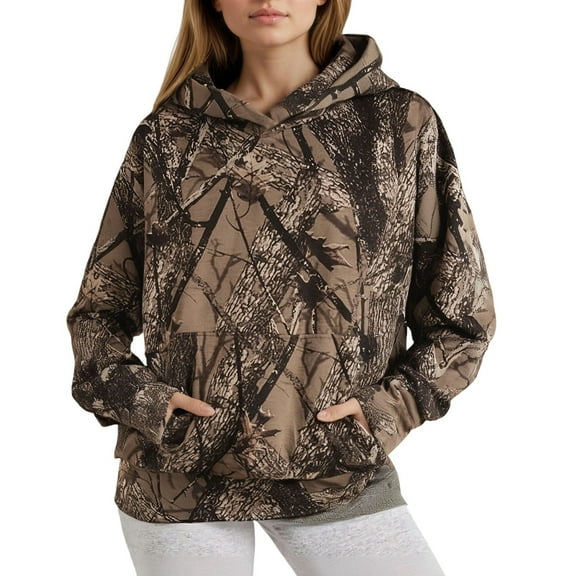 Camo Women Hoodie Tops Vintage Maple Leaf Print Long Sleeve Pullover Shirts Oversize Casual Hooded Sweatshirt With Pocket