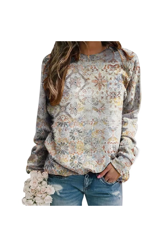 Camo Women's Floral Printed Sweatshirt Long Sleeve Crewneck Casual Loose Vintage FLower Graphic Pullover Tops Plus Size