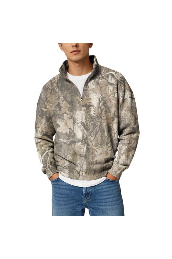 Camo Zip Performance Shirt for Men Oversized Fleece Maple Leaf Graphic Sweatshirt Pullover Long Sleeve Mock Neck Polo Shirts Comfy Military Camouflage Hunting Sweater Brown 2XL