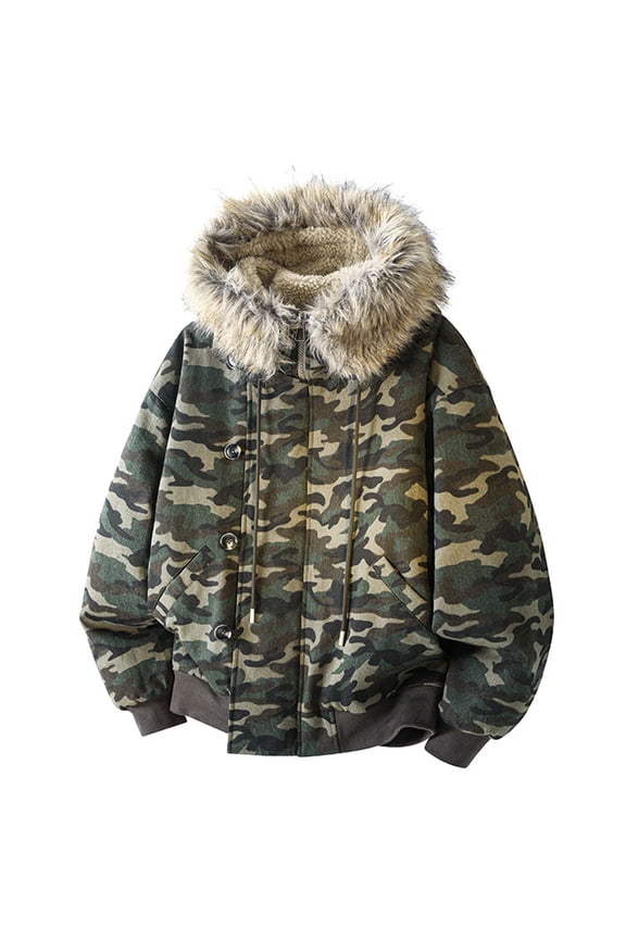 Camo Zip Up Hoodie Men Fleece Line Winter Warm Button Streetwear Jacket Fuzzy Side Hooded Military Combat Camouflage Coat Size-XXL