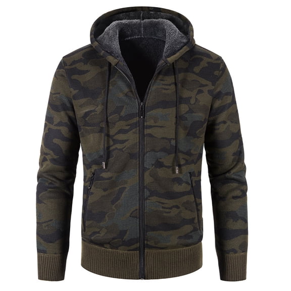 Camo Zip Up Hoodie Men Fleece Line Winter Warm Streetwear Jacket Oversized Military Combat Camouflage Coat Size-M