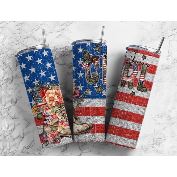 Camo and Boots All American Girl Patriotic USA 20 Oz Metal Tumbler w/Lid Straw