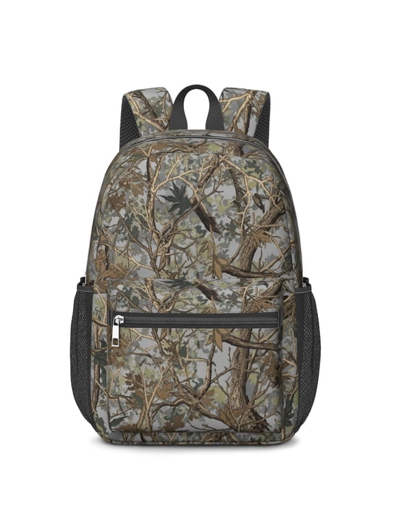 Camo and Branch Grey Pattern 17" School Backpacks for Teens,Waterproof Oxford Fabric,S-Shape Padded Straps for School,Travel,Hiking,Camping