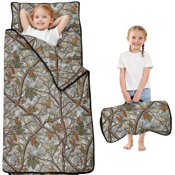 Camo and Branch Grey Pattern Teens Toddler Nap Mat with Pillow, Sleeping Mat Bag for Preschool Daycare 50"x20"