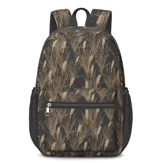 Camo and Cattail Grey Pattern 17" Waterproof Oxford School Backpacks for Teens, S-Shape Padded Straps, for School, Travel, Hiking, Camping