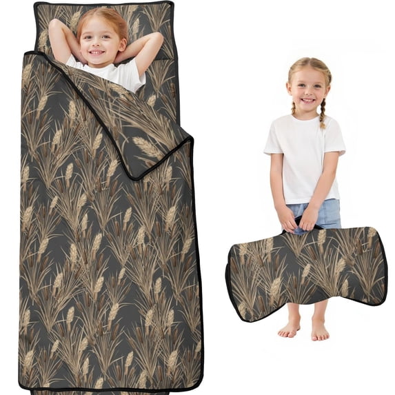 Camo and Cattail Grey Pattern Teens Toddler Nap Mat with Pillow, Sleeping Mat Bag for Preschool Daycare 60"x20"