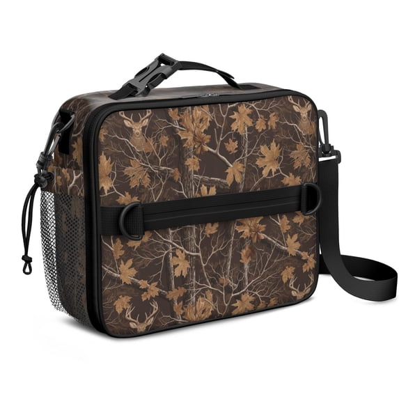 Camo and Deer Brown Pattern Insulated Lunch Bag with Shoulder Strap and Bottle Holder,Bento School Lunch Bag Box,11x9.5x3.5 Inches