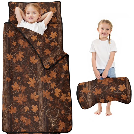 Camo and Deer Brown Pattern Teens Toddler Nap Mat with Pillow, Sleeping Mat Bag for Preschool Daycare 50"x20"