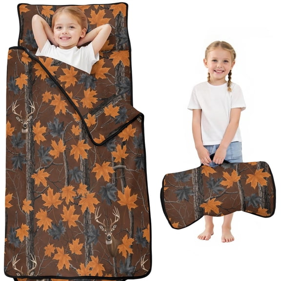 Camo and Deer Brown Pattern Teens Toddler Nap Mat with Pillow, Sleeping Mat Bag for Preschool Daycare 51"x22"