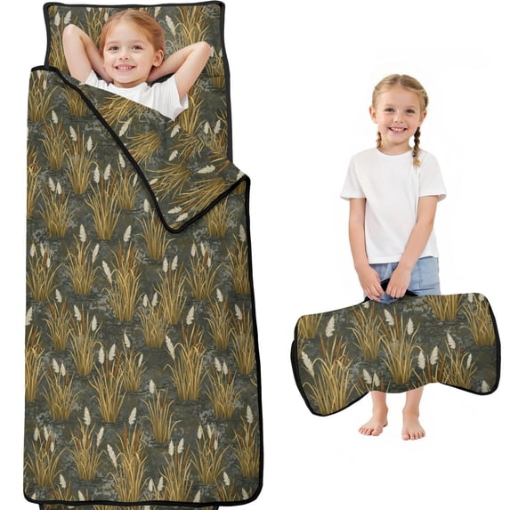 Camo and Grass Brown Pattern Teens Toddler Nap Mat with Pillow, Sleeping Mat Bag for Preschool Daycare 59"x22"