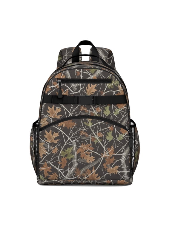Camo and Leaf Black Pattern Backpack for School, Cute School Bag with Adjustable Shoulder Straps and Padded Back, 15.25"x11.5"x5.25"