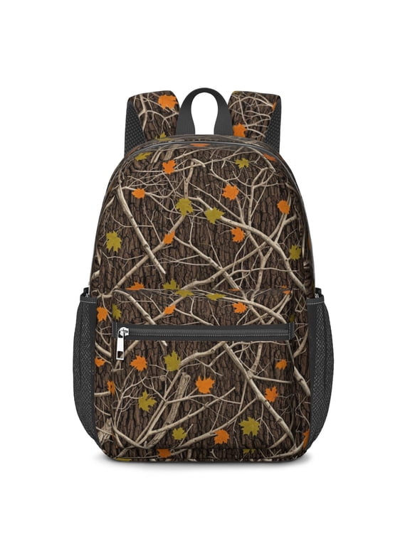 Camo and Maple Brown Pattern 17" School Backpacks for Teens,Waterproof Oxford Fabric,S-Shape Padded Straps for School,Travel,Hiking,Camping